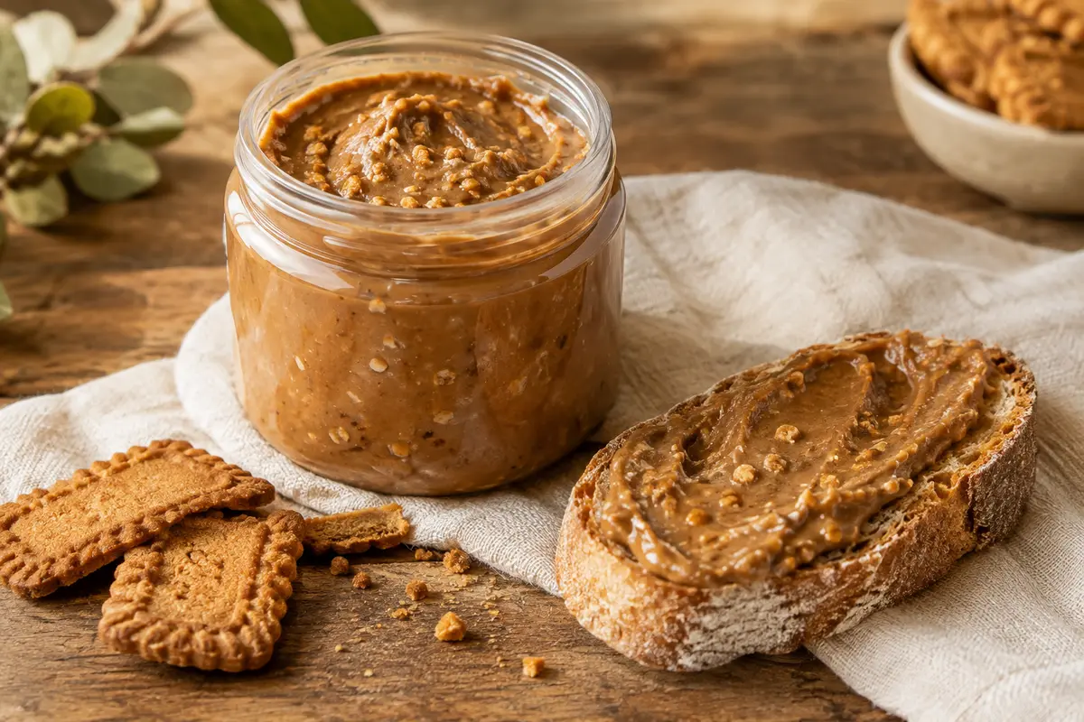 Pot de pâte à tartiner brun caramel avec morceaux de biscuits, accompagné d’une tartine et de miettes