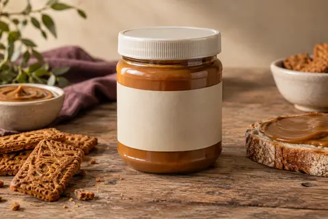 Pâte à tartiner lisse brun caramel dans un pot transparent, avec quelques biscuits caramélisés sur une table en bois
