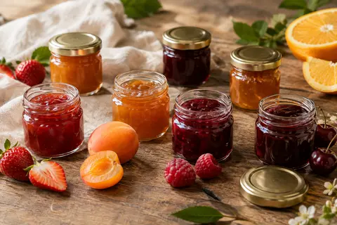 Assortiment de mini-confitures fraise, abricot, framboise, orange amère et cerise sur une table en bois
