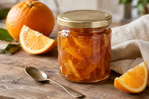 Pot de confiture d’orange amère aux morceaux d’agrumes posé sur une table en bois