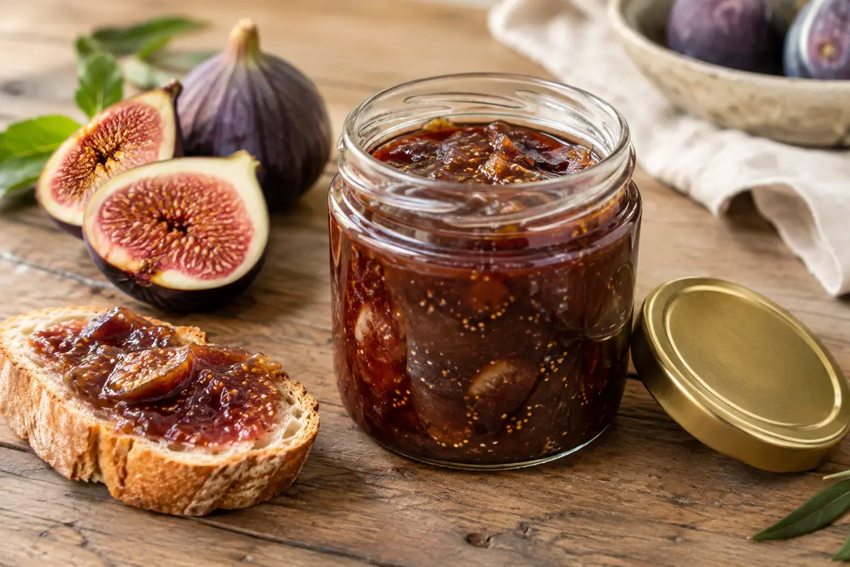 Pot ouvert de confiture de figue violette avec morceaux, accompagné de figues fraîches et d’une tartine