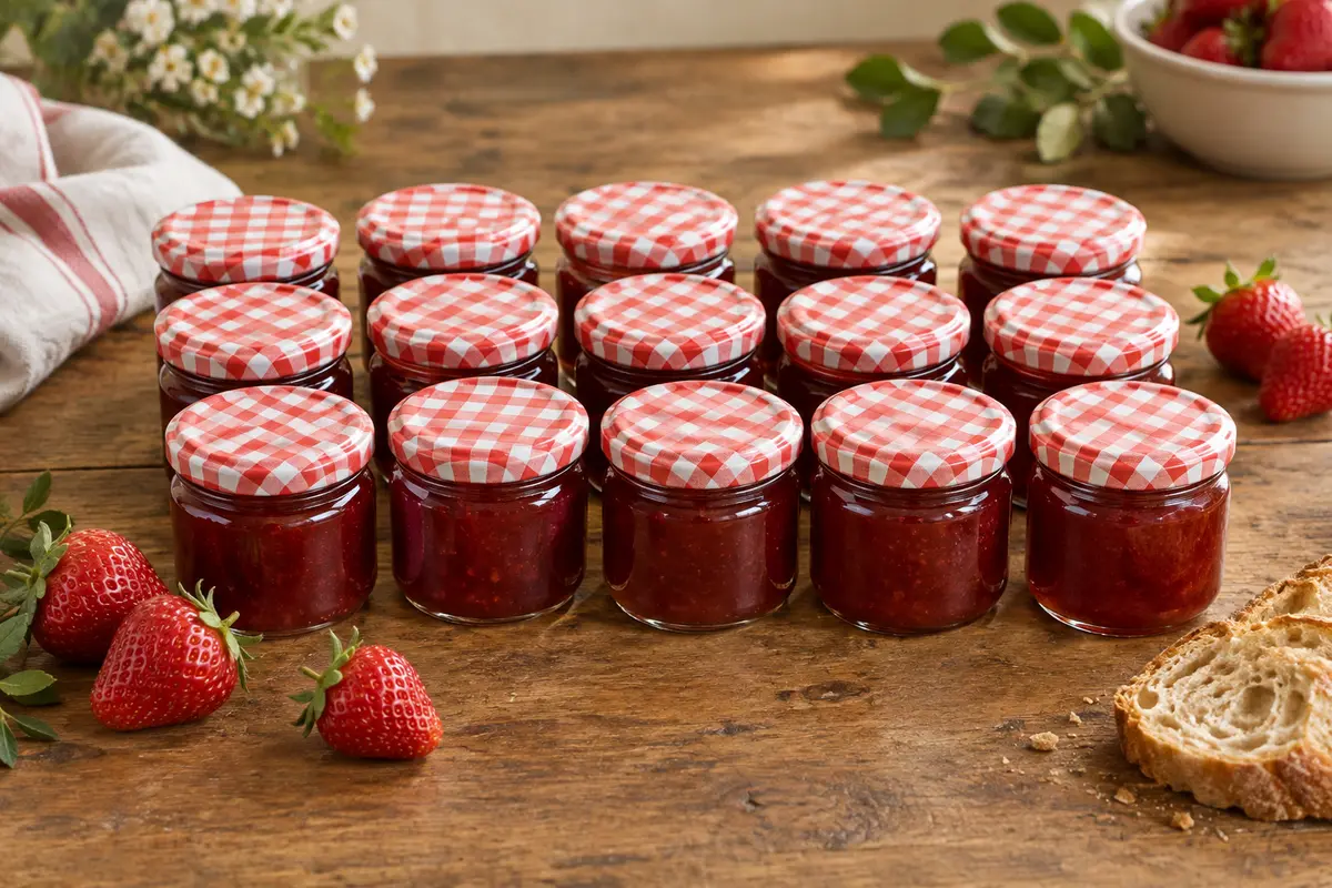 Petits pots en verre de confiture de fraise aux couvercles à carreaux rouges, entourés de fraises fraîches.