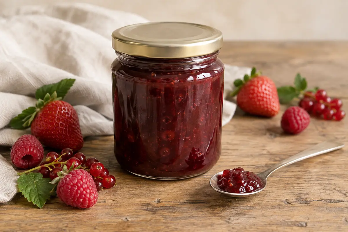 Confiture de fruits rouges avec morceaux, servie dans une coupelle entourée de fruits frais