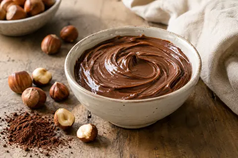 Pâte à tartiner noisette et cacao dans un bol, avec pain et noisettes sur une table en bois