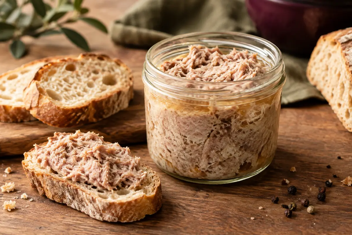 Rillettes de porc du Mans servies dans un plat avec du pain de campagne sur une table en bois