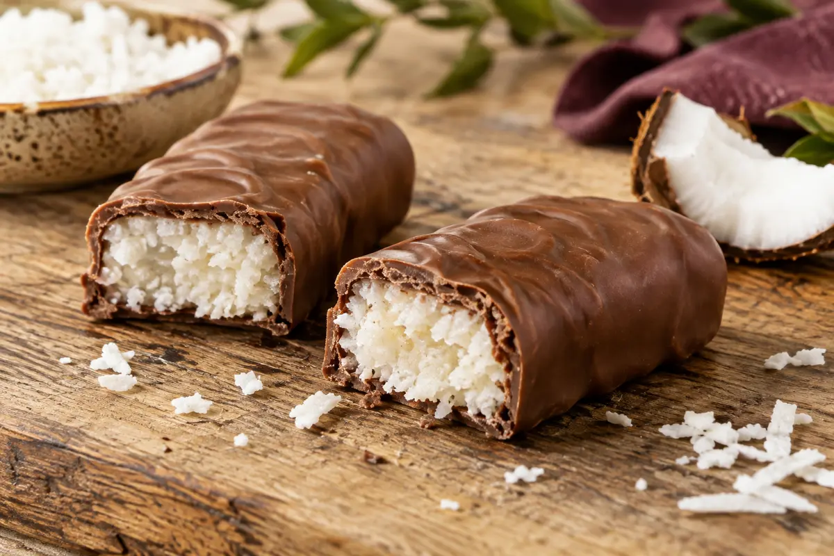 Barres enrobées de chocolat au lait, dont une coupée révèle une garniture tendre à la noix de coco.