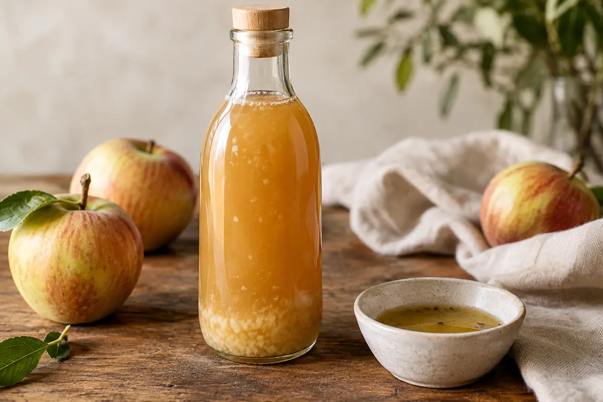Bouteille en verre de vinaigre de cidre trouble posée près de pommes et d’un bol de vinaigrette