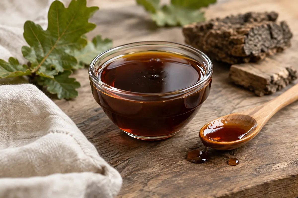 Miel de miellat de chêne ambré foncé présenté dans un récipient en verre sur une table en bois