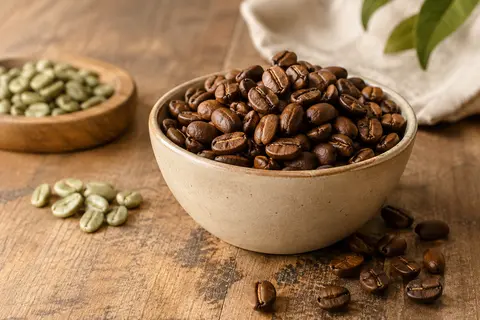 Grains de café Granaroma entiers dans une tasse en céramique crème sur une table en bois