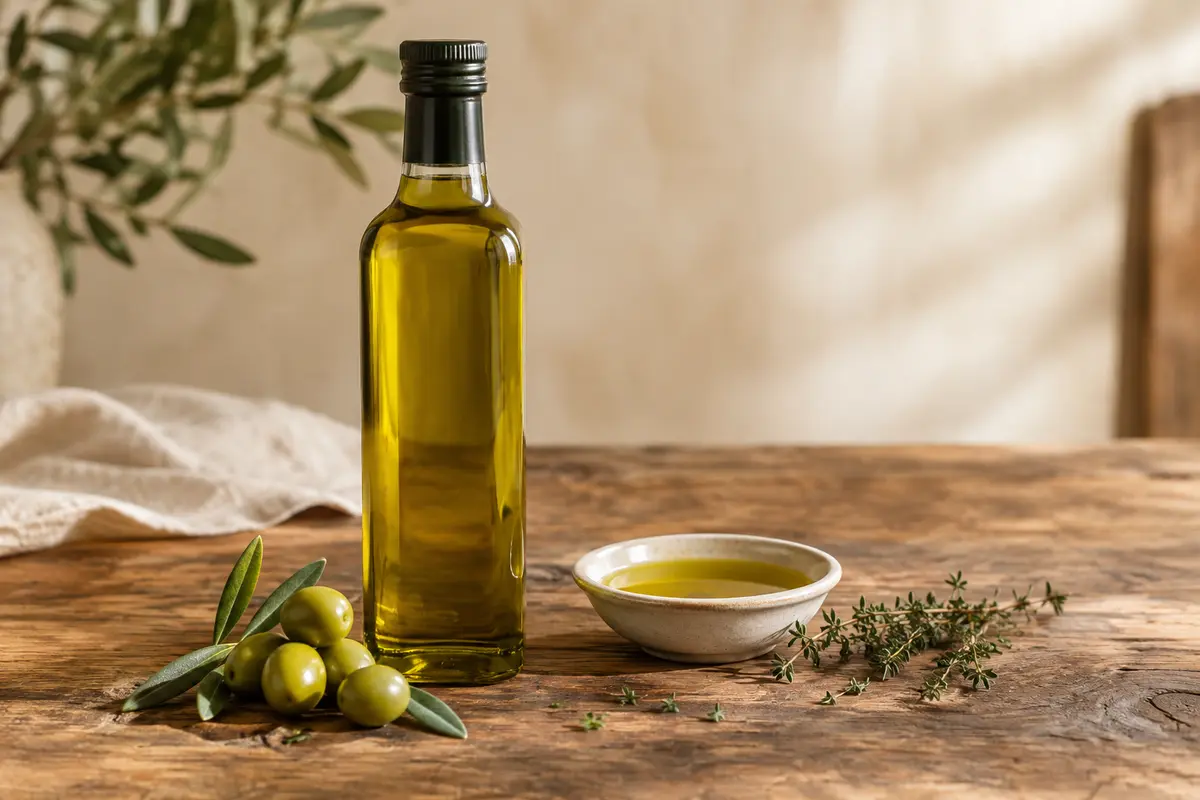 Bouteille d’huile d’olive vierge extra Picual près d’olives vertes, de tomates et d’herbes aromatiques.
