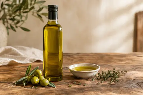 Bouteille d’huile d’olive vierge extra Picual près d’olives vertes, de tomates et d’herbes aromatiques.