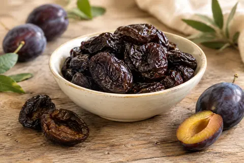 Pruneaux moelleux dénoyautés, entiers et coupés, présentés sur une table en bois avec du lin écru.