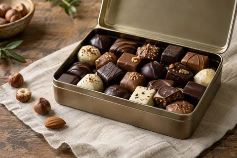 Coffret métallique ouvert de chocolats noirs, au lait et blancs, accompagné de noisettes, d’une amande et de café
