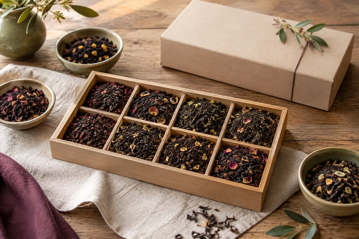 Coffret de thés noirs en vrac avec feuilles visibles et tasse de thé sur une table en bois.
