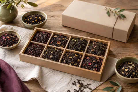 Coffret de thés noirs en vrac avec feuilles visibles et tasse de thé sur une table en bois.