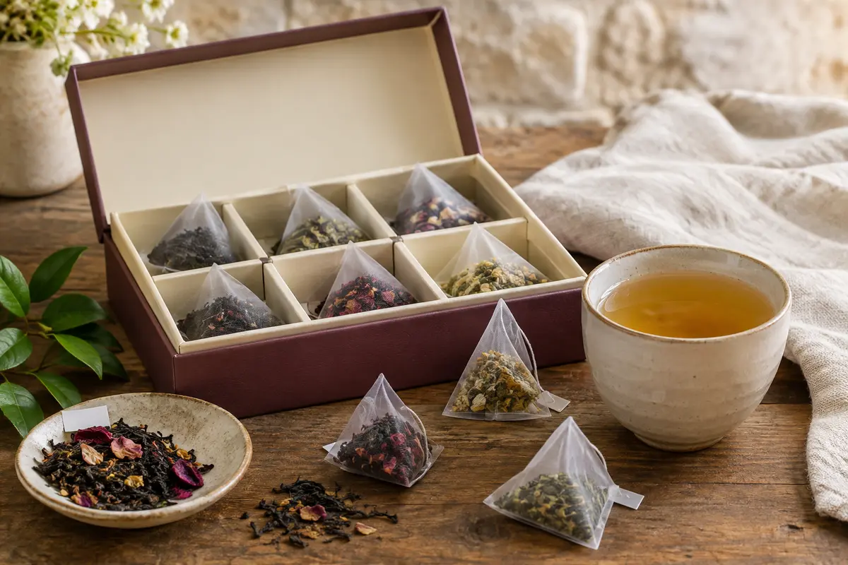 Coffret d’assortiment de thés avec sachets pyramidaux posé sur une table en bois clair