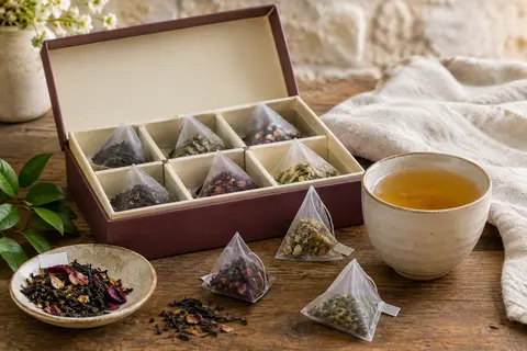 Coffret d’assortiment de thés avec sachets pyramidaux posé sur une table en bois clair