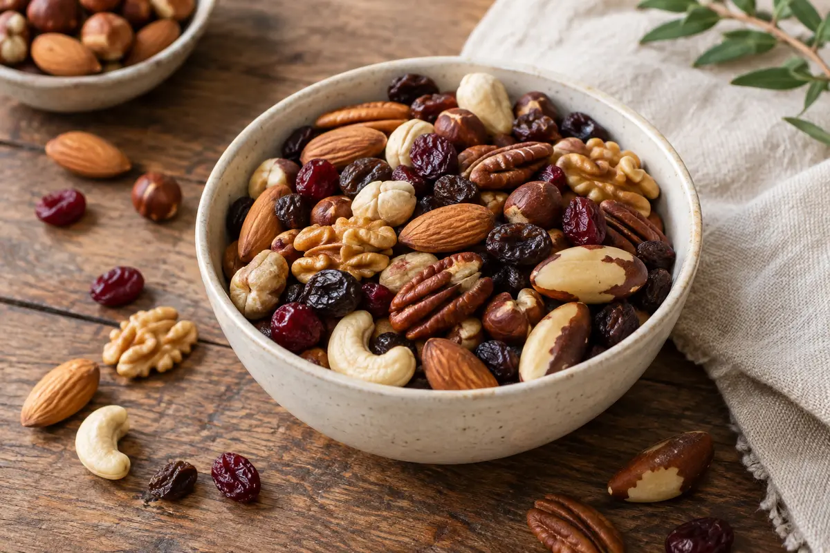 Mélange de noix, raisins secs et cranberries présenté dans un bol près d’un sac refermable.