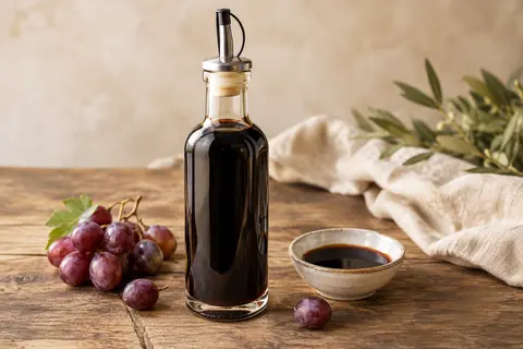 Flacon de vinaigre balsamique de Modène sombre avec verseur, posé sur une table en bois patiné.
