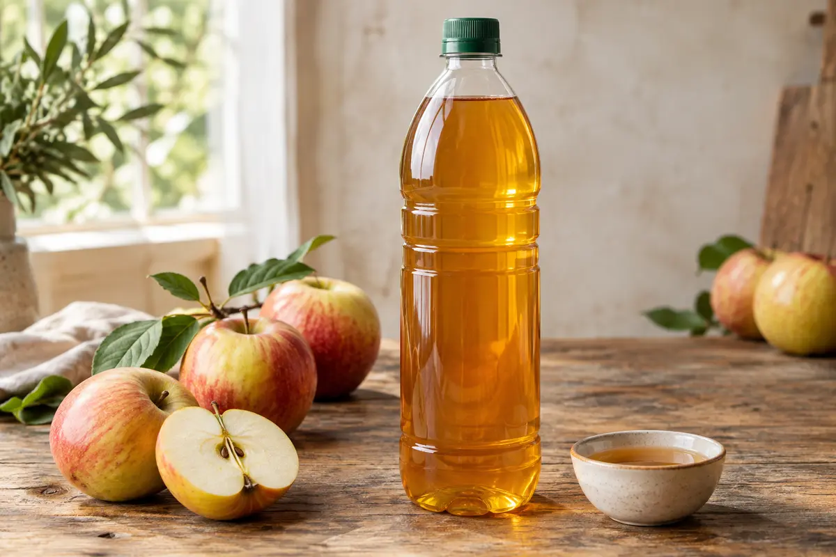 Bouteille de vinaigre de cidre ambré posée sur une table en bois avec des pommes et une coupelle de vinaigrette.