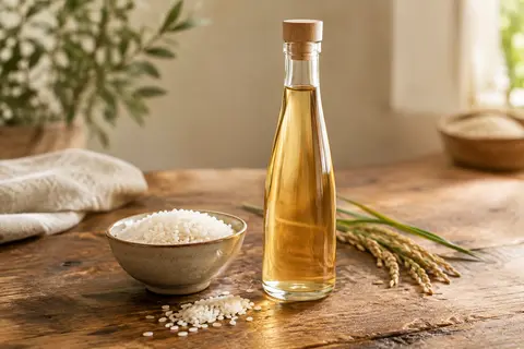 Bouteille en verre de vinaigre de riz bio présentée sur une table en bois avec quelques grains de riz.