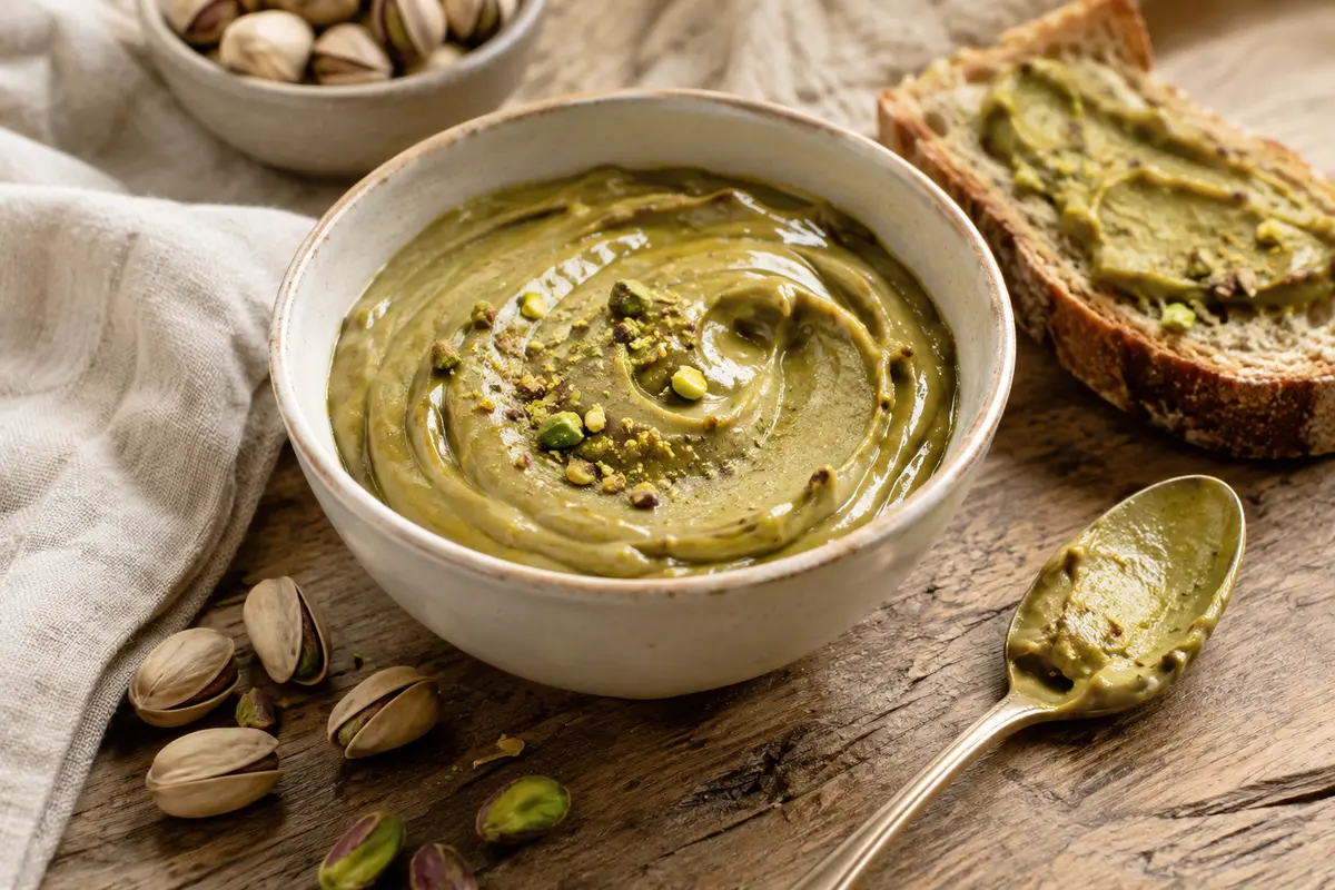 Pot ouvert de crème de pistache crémeuse accompagné de pistaches et d’une tartine sur une table en bois