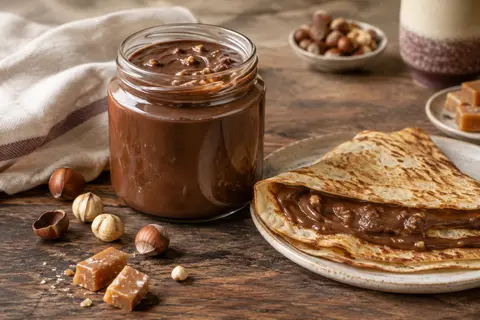 Pot en verre de crème cacao et caramel salé sur une table en bois, avec brioche, cacao et noisettes.
