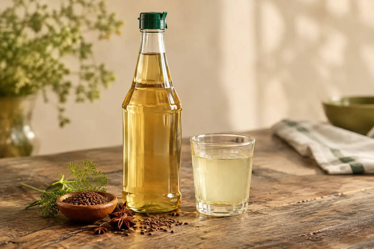 Bouteille de sirop d’anis Fabbri posée près d’un verre de boisson préparée sur une table en bois