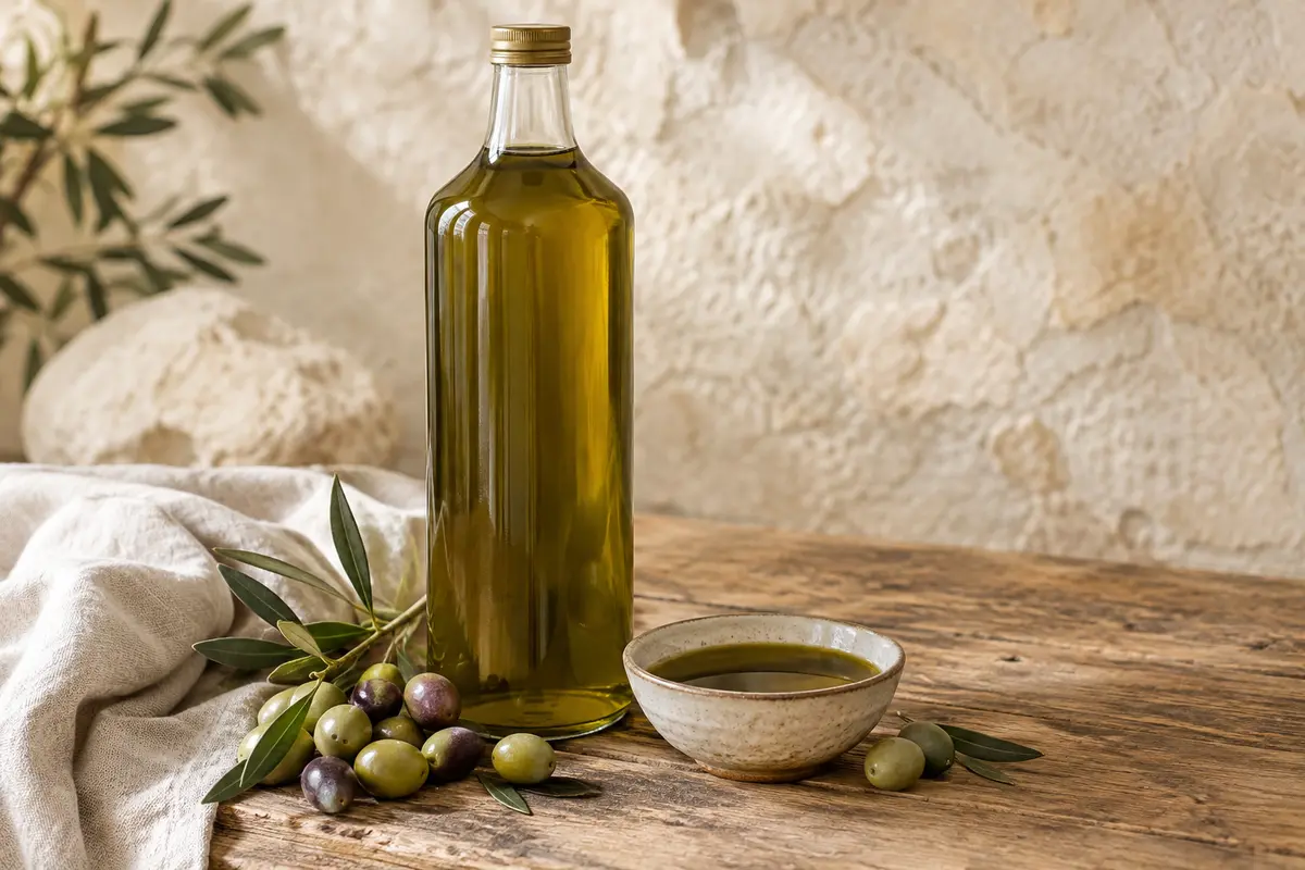 Bouteille d’un litre d’huile d’olive extra vierge vert foncé sur une table en bois avec quelques olives.