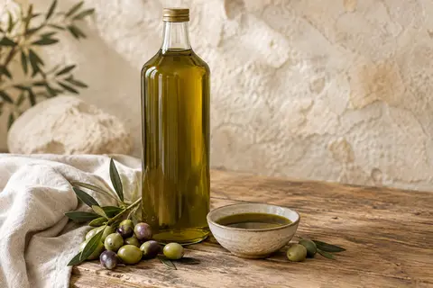 Bouteille d’un litre d’huile d’olive extra vierge vert foncé sur une table en bois avec quelques olives.