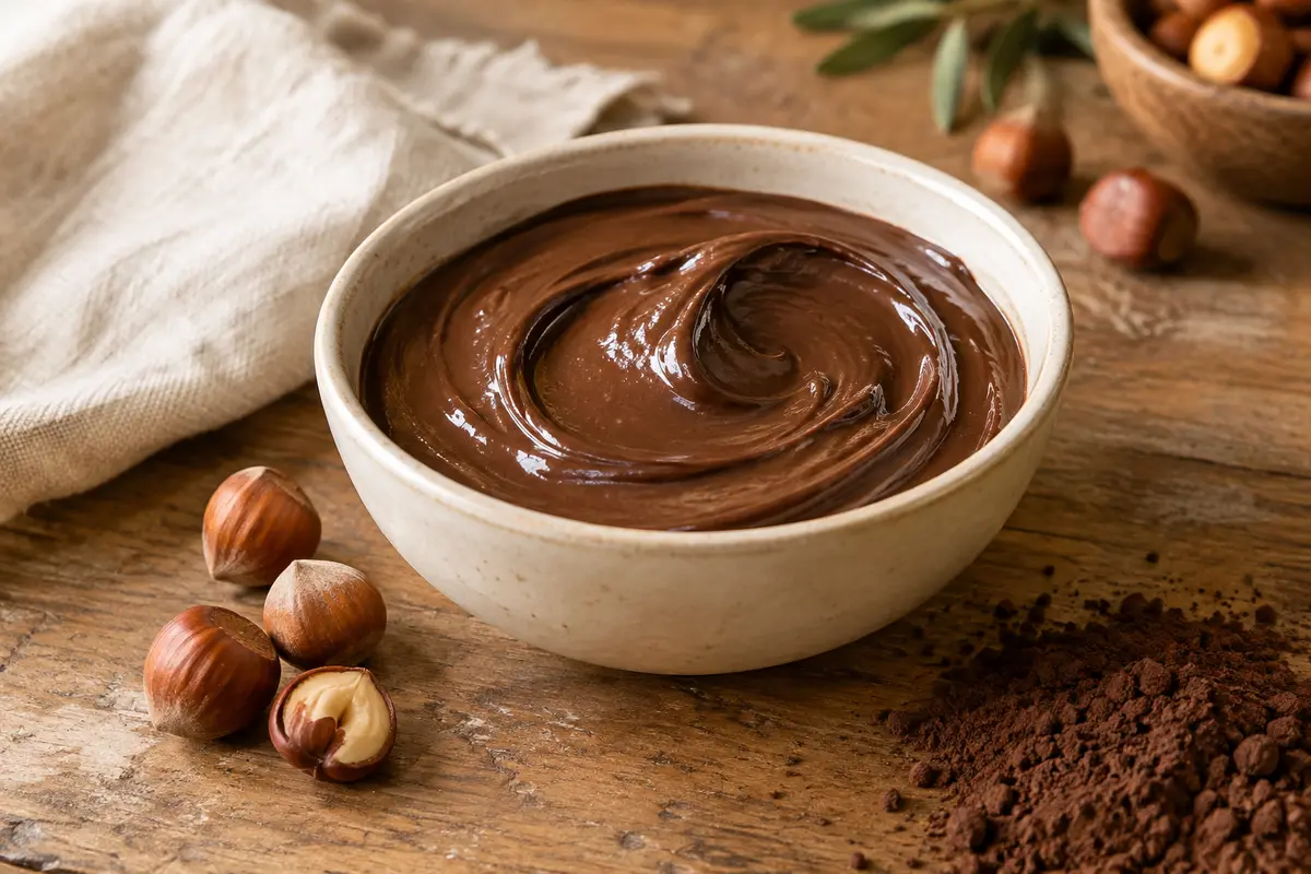 Pâte à tartiner cacao-noisettes dans un bol, accompagnée de noisettes et de cacao sur une table en bois.