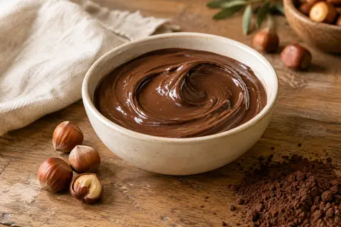 Pâte à tartiner cacao-noisettes dans un bol, accompagnée de noisettes et de cacao sur une table en bois.