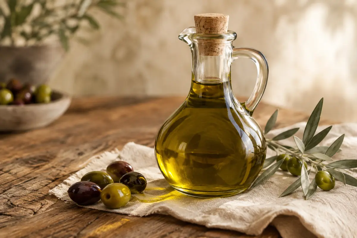 Bouteille d’huile d’olive sicilienne vert profond aux reflets dorés, accompagnée d’olives sur une table en bois