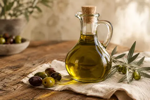 Bouteille d’huile d’olive sicilienne vert profond aux reflets dorés, accompagnée d’olives sur une table en bois
