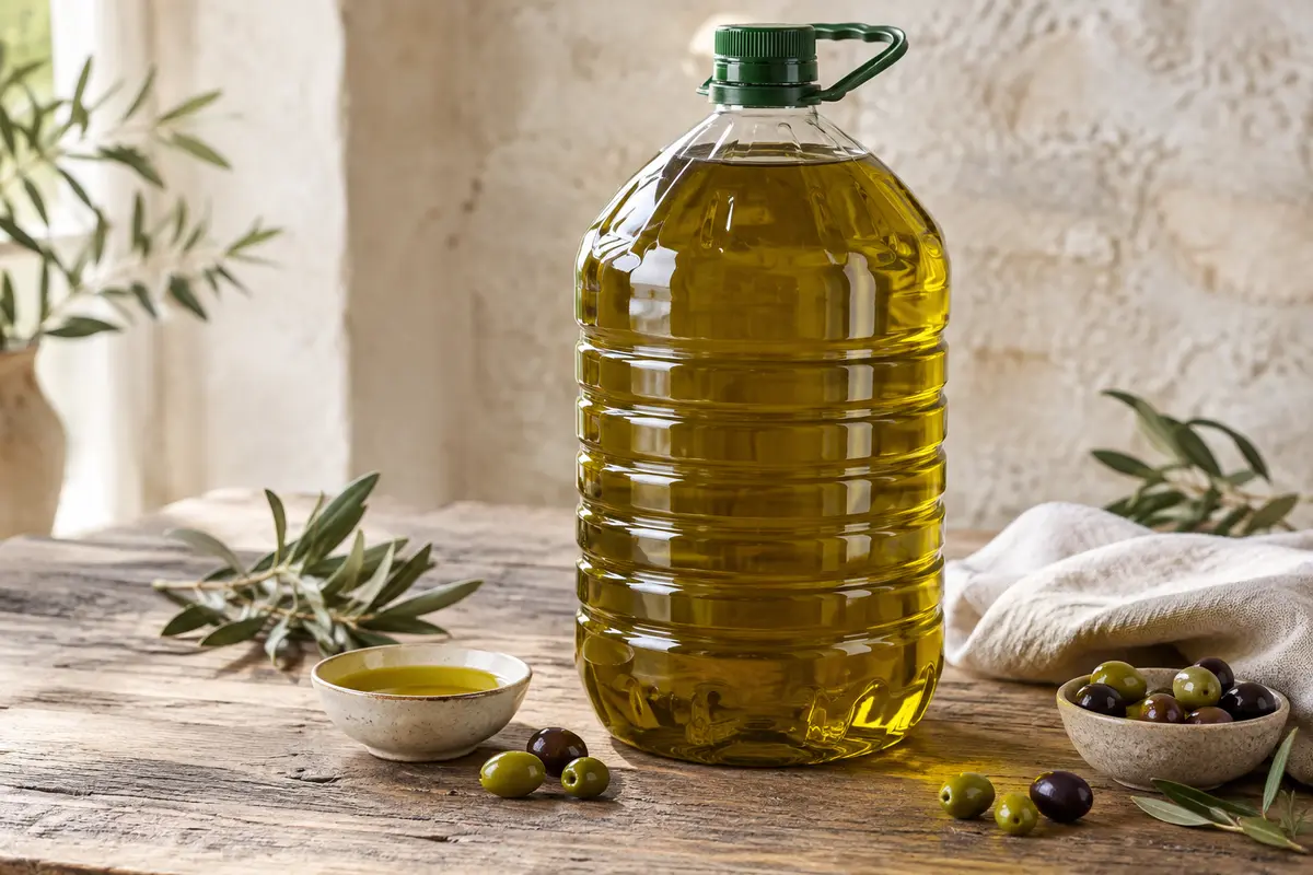 Bidon en PET de 5 L d’huile d’olive vierge extra posé sur une table en bois avec des olives