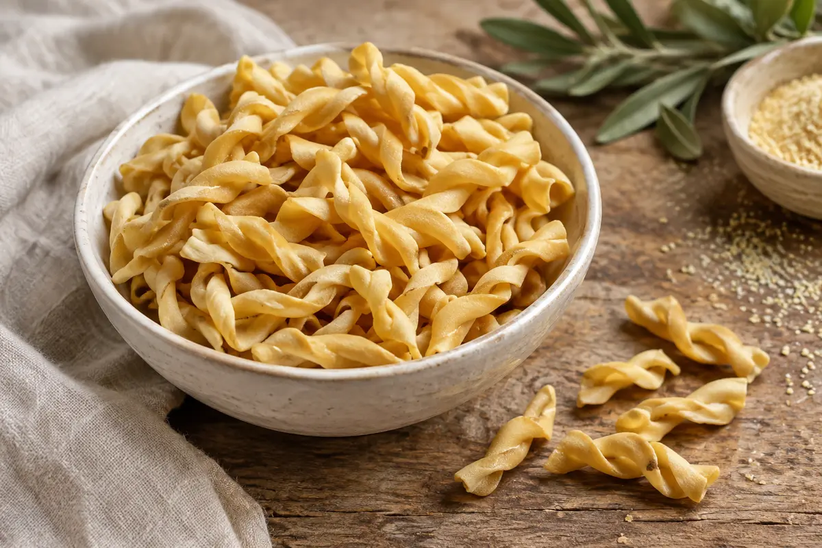 Pâtes gemelli sèches en spirale sur une table en bois, avec une tomate et quelques grains de semoule.