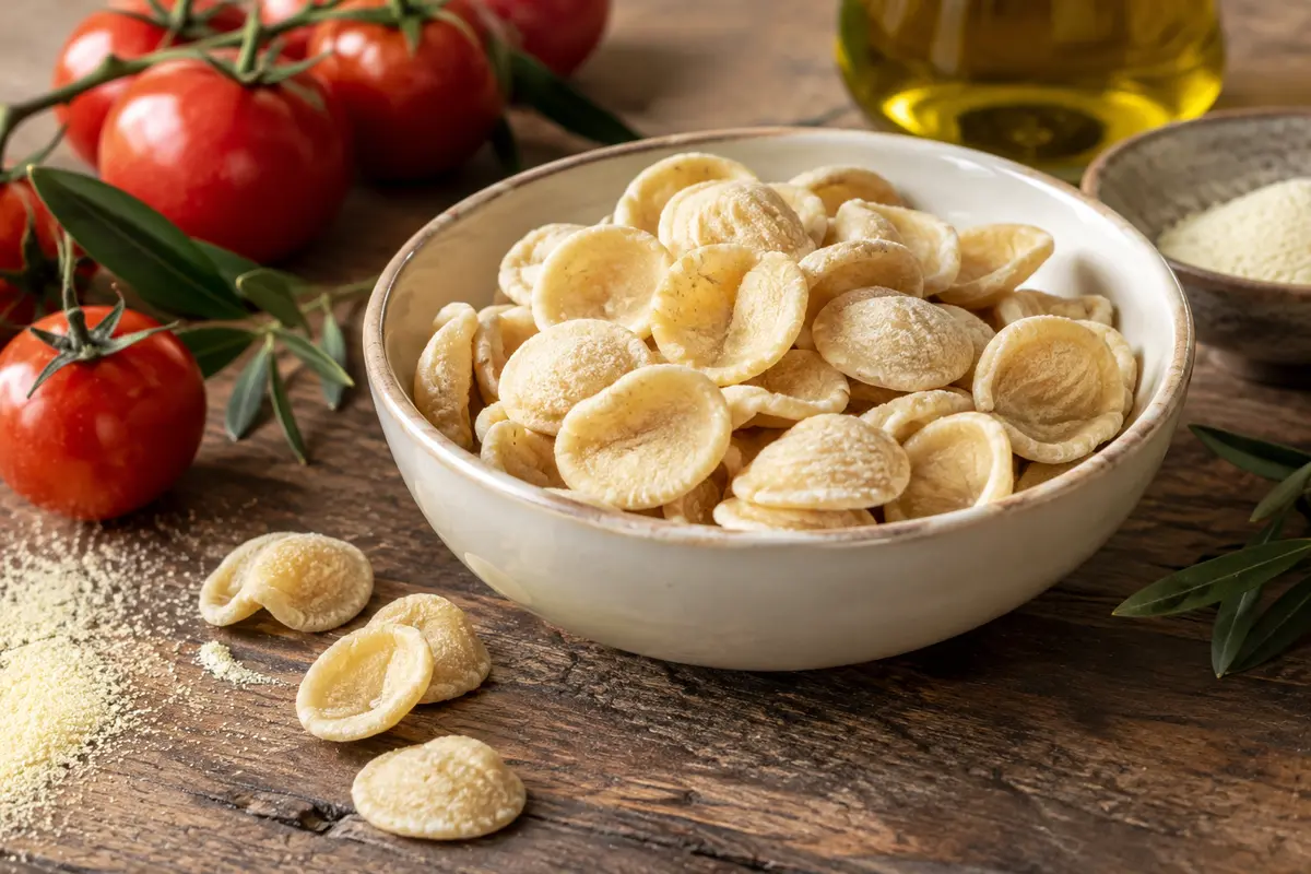 Orecchiette sèches en semoule de blé dur dans une assiette crème sur une table en bois patiné.