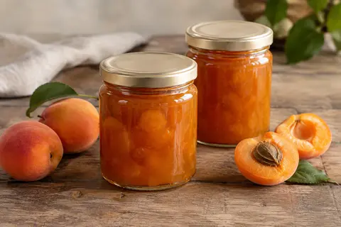 Confiture d’abricot servie près de fruits frais et de pain sur une table en bois