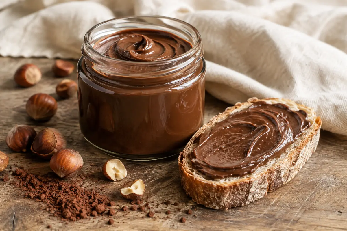 Pot ouvert de pâte à tartiner noisettes cacao avec une cuillère, des noisettes et du cacao sur une table en bois.