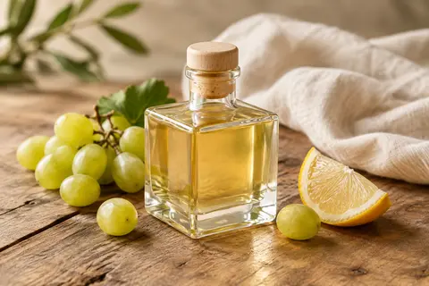 Flacon Cubica de condiment aigre-doux blanc présenté sur une table en bois avec du raisin et un agrume.