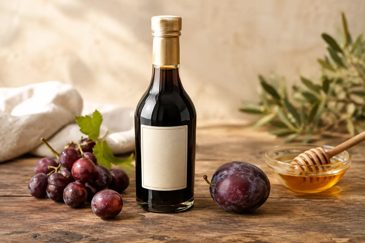 Bouteille de vinaigre balsamique sombre sur une table en bois, accompagnée de raisins et d’une prune.