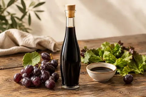 Bouteille élancée de vinaigre balsamique brun foncé près d’une salade et de légumes grillés sur une table en bois.