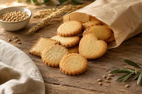 Biscuits sablés sans sucre disposés sur du lin écru avec des grains de blé et de la vanille
