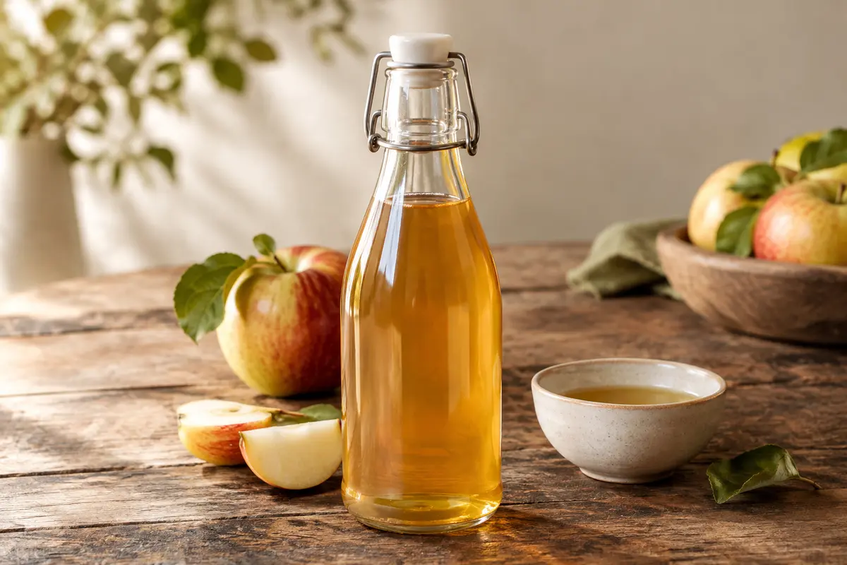 Bouteille de vinaigre de cidre limpide accompagnée de pommes sur une table en bois patiné.