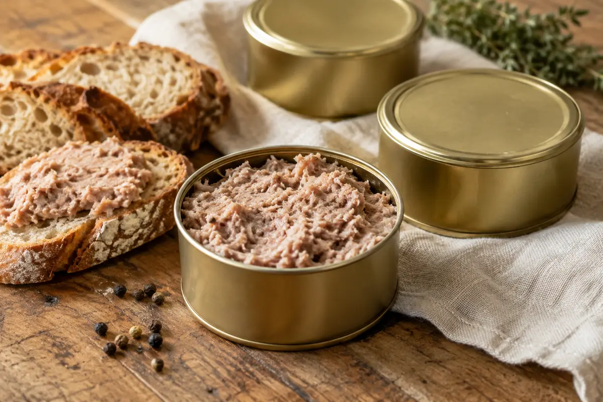 Boîtes de rillettes pur porc servies avec du pain sur une table en bois