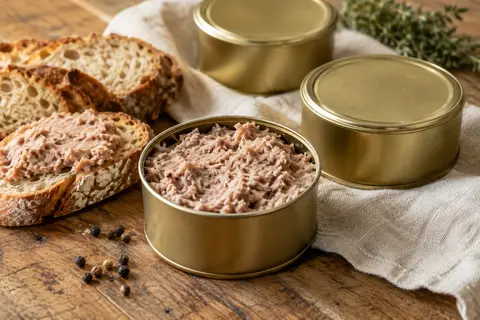 Boîtes de rillettes pur porc servies avec du pain sur une table en bois
