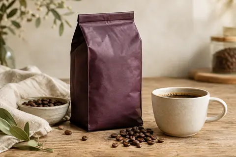 Café en grains Arabica dans une boîte ouverte, accompagné de quelques grains et d’un carré de chocolat