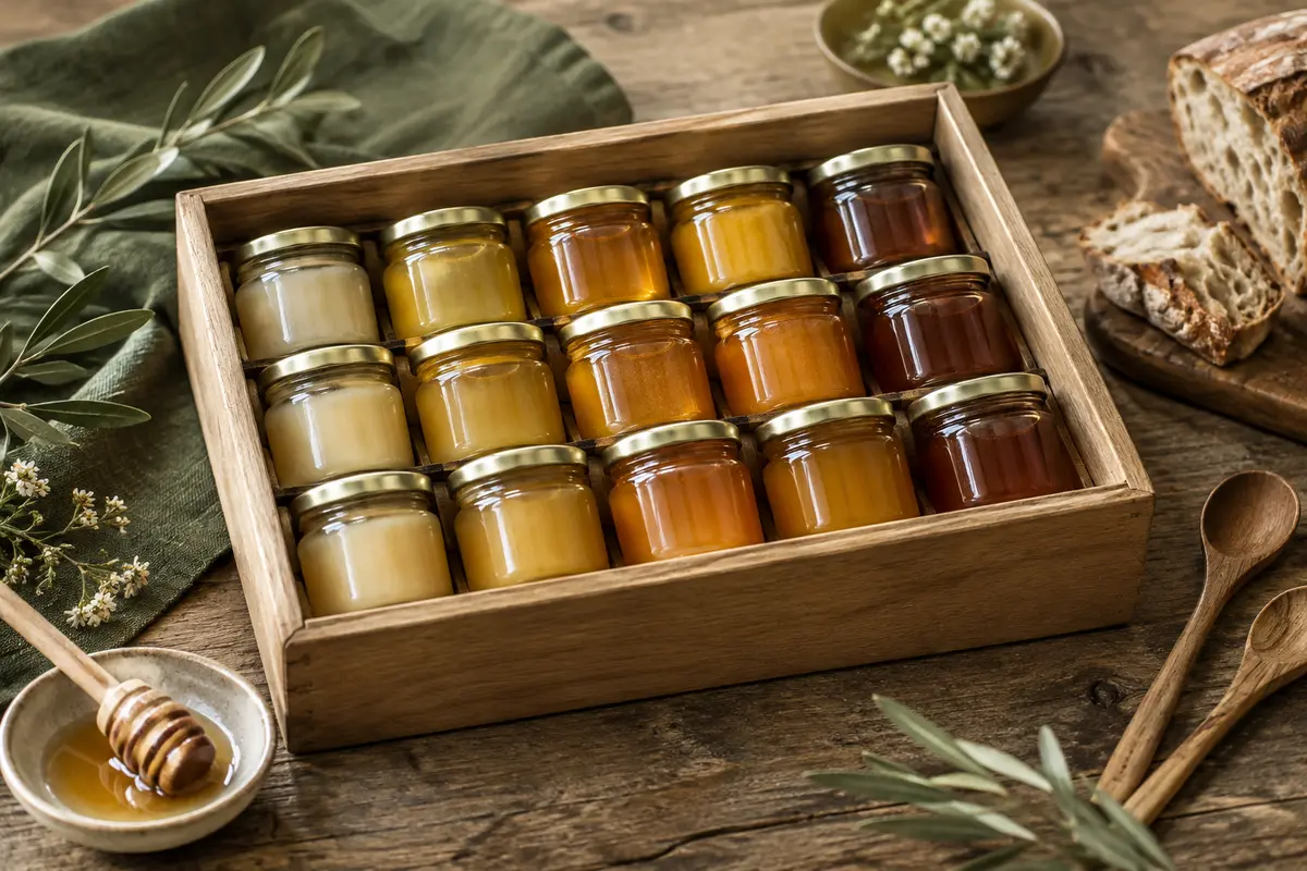 Assortiment de mini-pots de miel aux nuances dorées présenté sur une table en bois avec une cuillère.