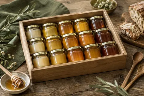 Assortiment de mini-pots de miel aux nuances dorées présenté sur une table en bois avec une cuillère.
