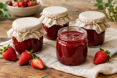 Confiture de fraise servie dans un pot, avec quelques fraises fraîches sur une table en bois patiné
